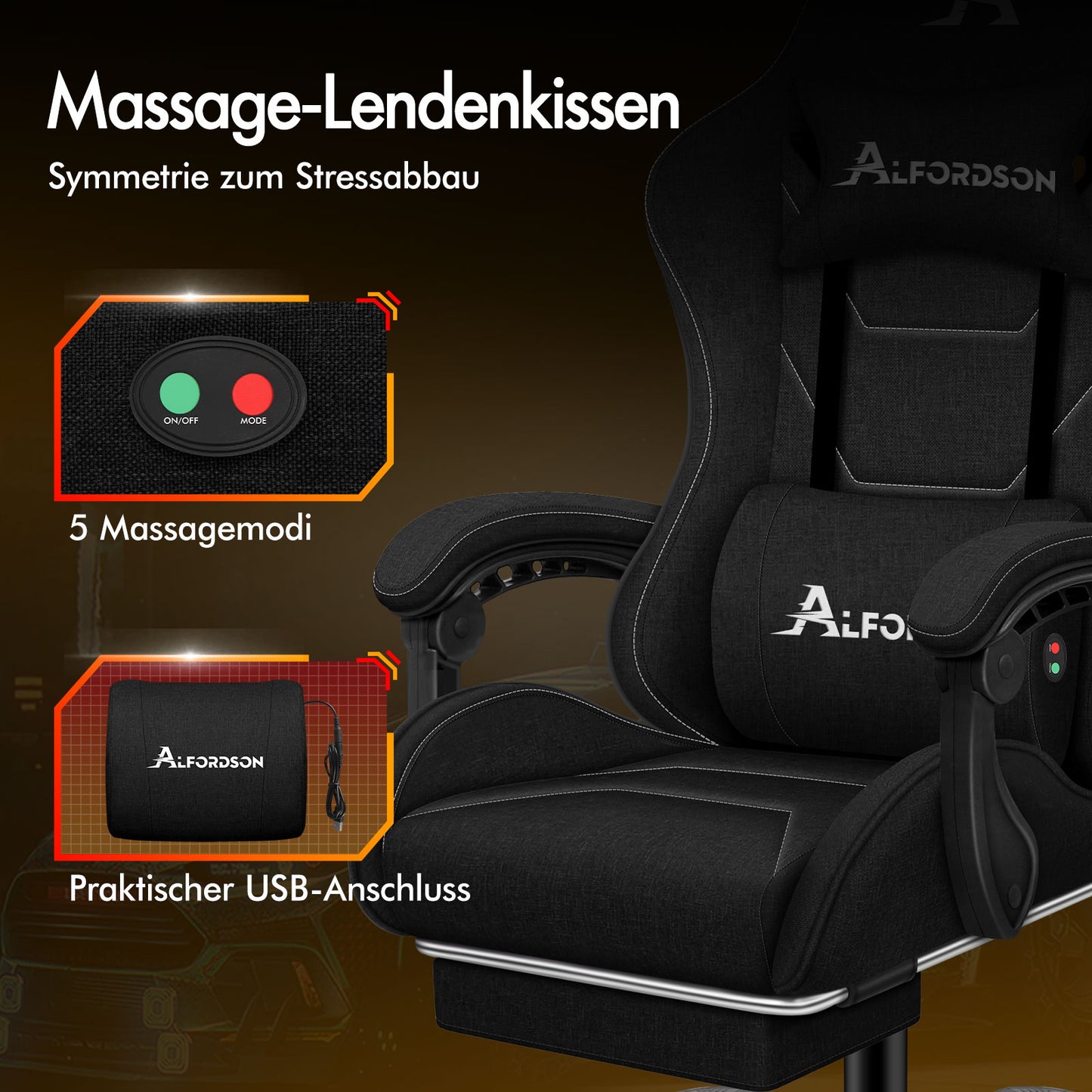 ALFORDSON Massage Bürostuhl Gaming Executive Sitz Leinenstoff Computer Racer, Kunstleder, Schwarz