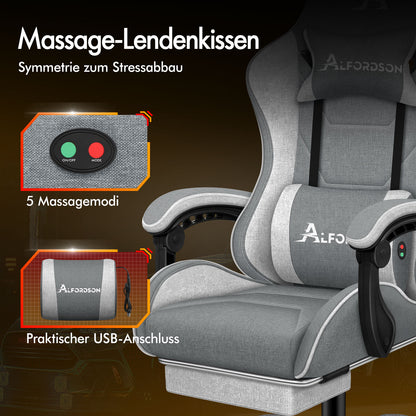 ALFORDSON Massage Bürostuhl Gaming Executive Sitz Leinenstoff Computer Racer, Kunstleder, Blau & Weiß