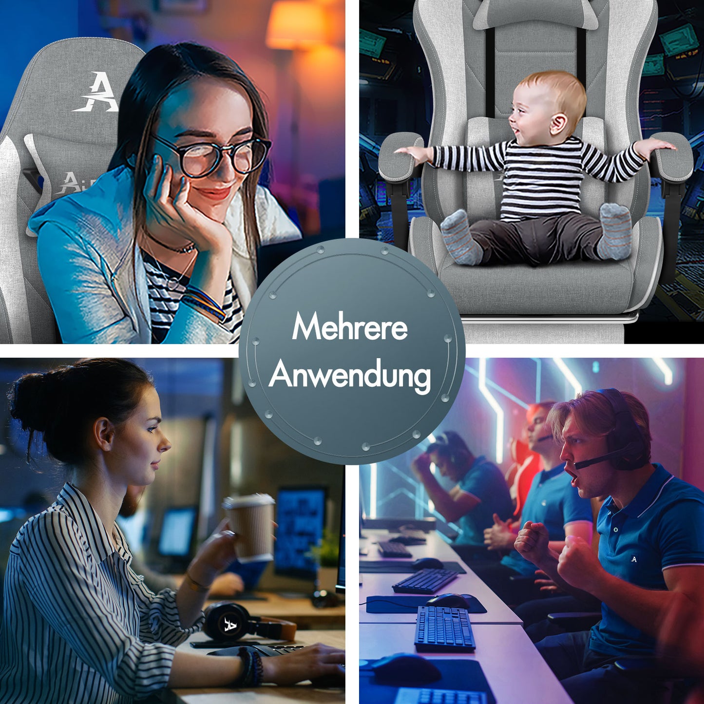 ALFORDSON Massage Bürostuhl Gaming Executive Sitz Leinenstoff Computer Racer, Kunstleder, Blau & Weiß