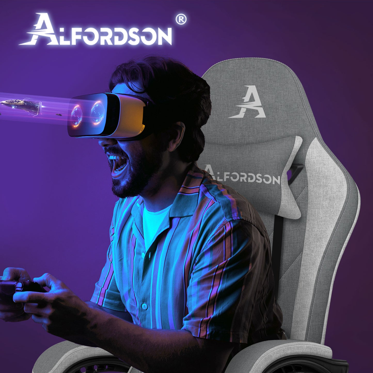 ALFORDSON Massage Bürostuhl Gaming Executive Sitz Leinenstoff Computer Racer, Kunstleder, Blau & Weiß