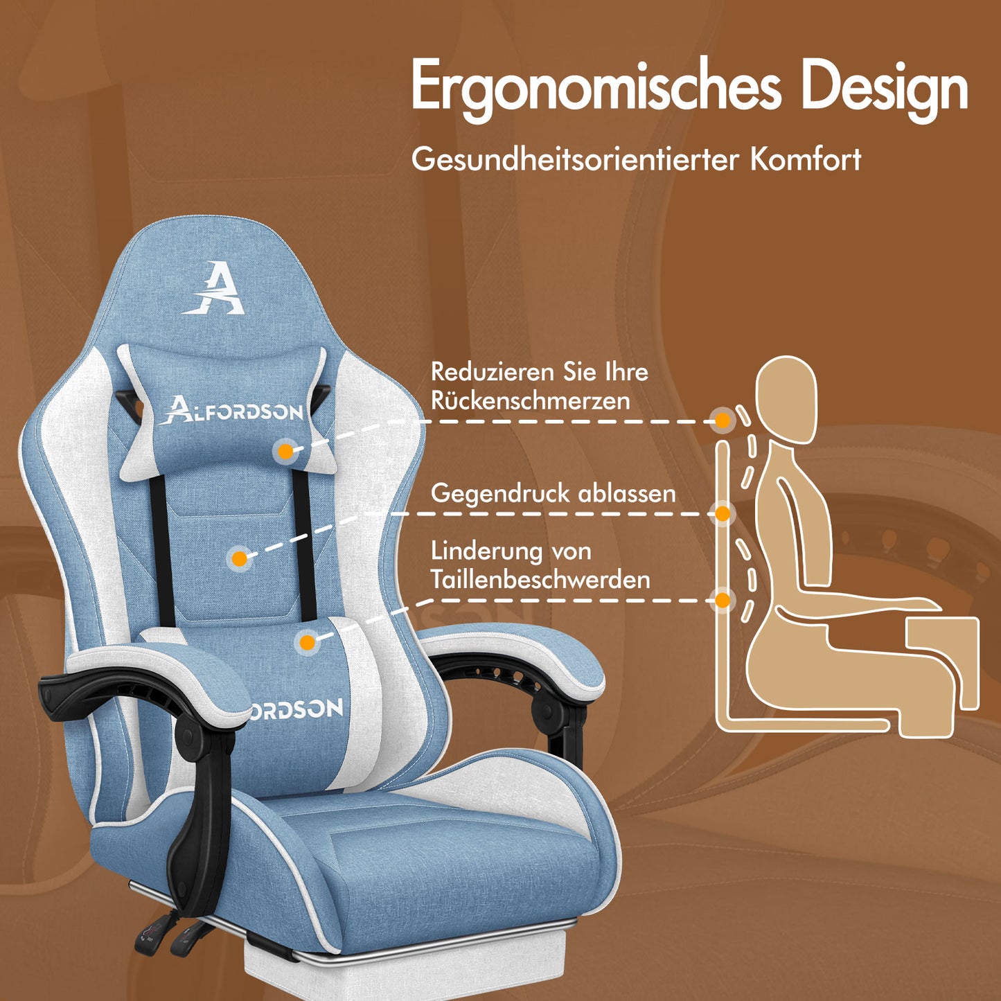 ALFORDSON Massage Bürostuhl Gaming Executive Sitz Leinenstoff Computer Racer, Kunstleder, Weiß & Blau