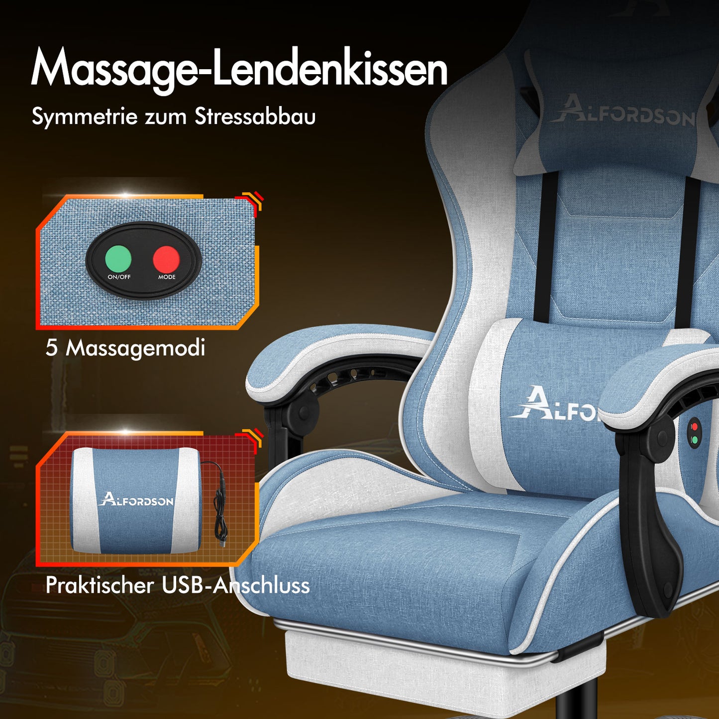 ALFORDSON Massage Bürostuhl Gaming Executive Sitz Leinenstoff Computer Racer, Kunstleder, Weiß & Blau