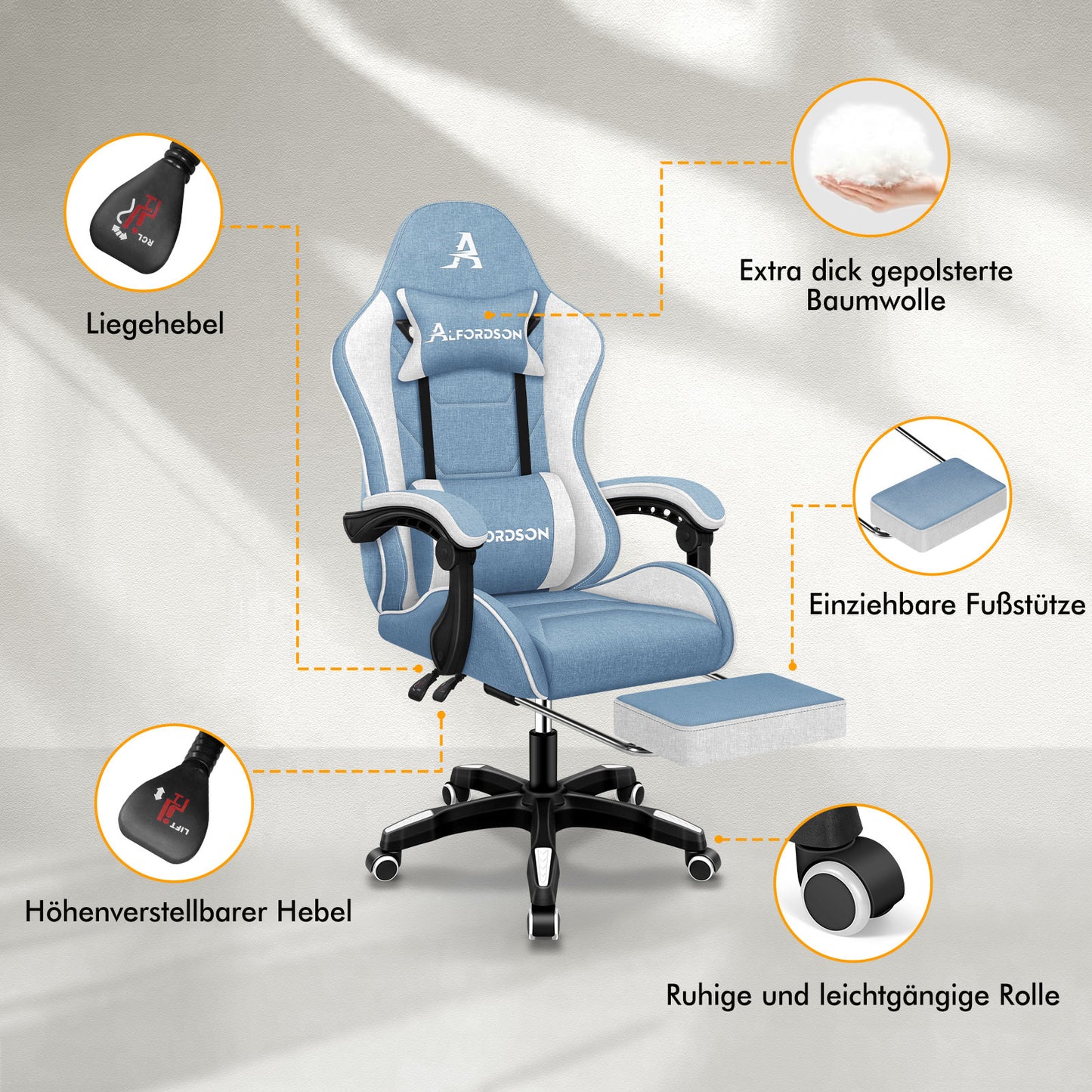 ALFORDSON Massage Bürostuhl Gaming Executive Sitz Leinenstoff Computer Racer, Kunstleder, Weiß & Blau