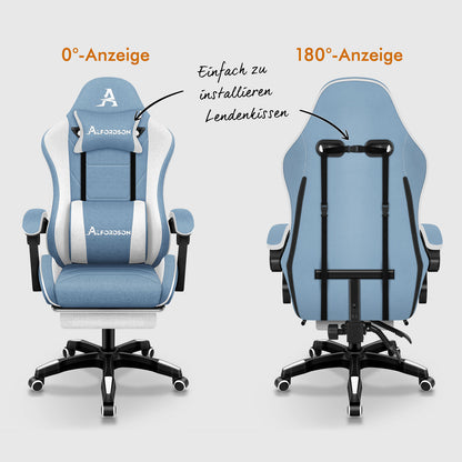 ALFORDSON Massage Bürostuhl Gaming Executive Sitz Leinenstoff Computer Racer, Kunstleder, Weiß & Blau