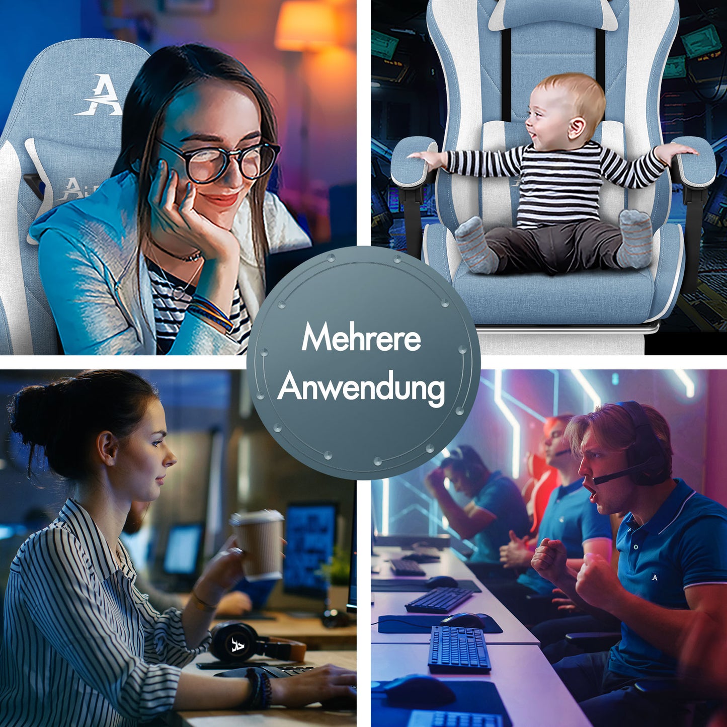 ALFORDSON Massage Bürostuhl Gaming Executive Sitz Leinenstoff Computer Racer, Kunstleder, Weiß & Blau