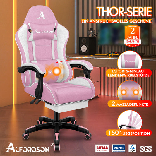 ALFORDSON Massage Bürostuhl Gaming Executive Sitz Leinenstoff Computer Racer, Kunstleder, Rosa und Weiß