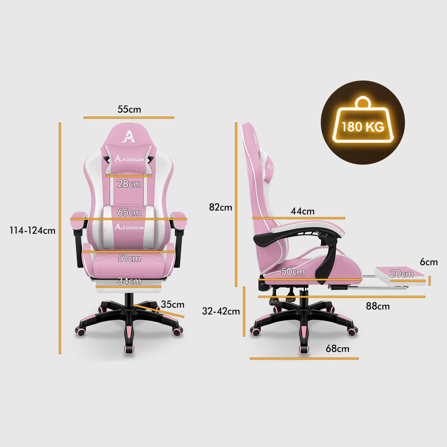 ALFORDSON Massage Office Chair Gaming Executive Seat Linen Fabric Computer Racer, Faux Leather, Pink and White 