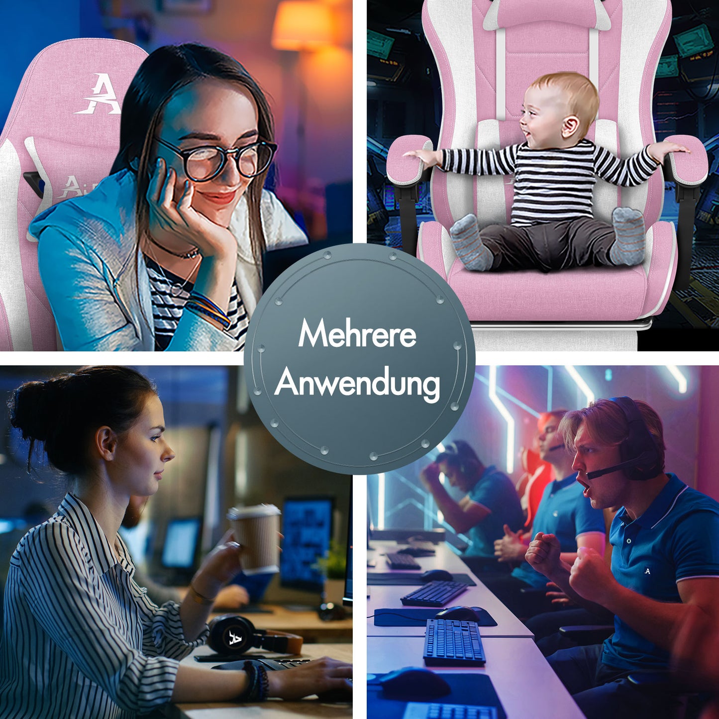 ALFORDSON Massage Office Chair Gaming Executive Seat Linen Fabric Computer Racer, Faux Leather, Pink and White 