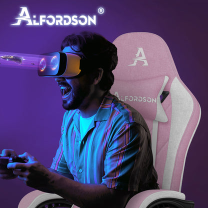 ALFORDSON Massage Office Chair Gaming Executive Seat Linen Fabric Computer Racer, Faux Leather, Pink and White 