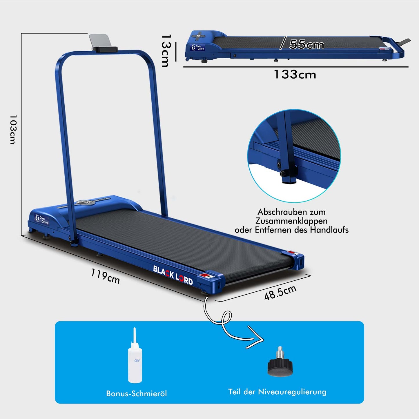 BLACK LORD Laufband Elektrisch Laufkissen Zuhause Büro Fitnessstudio Faltbar, mit Griff, Blau
