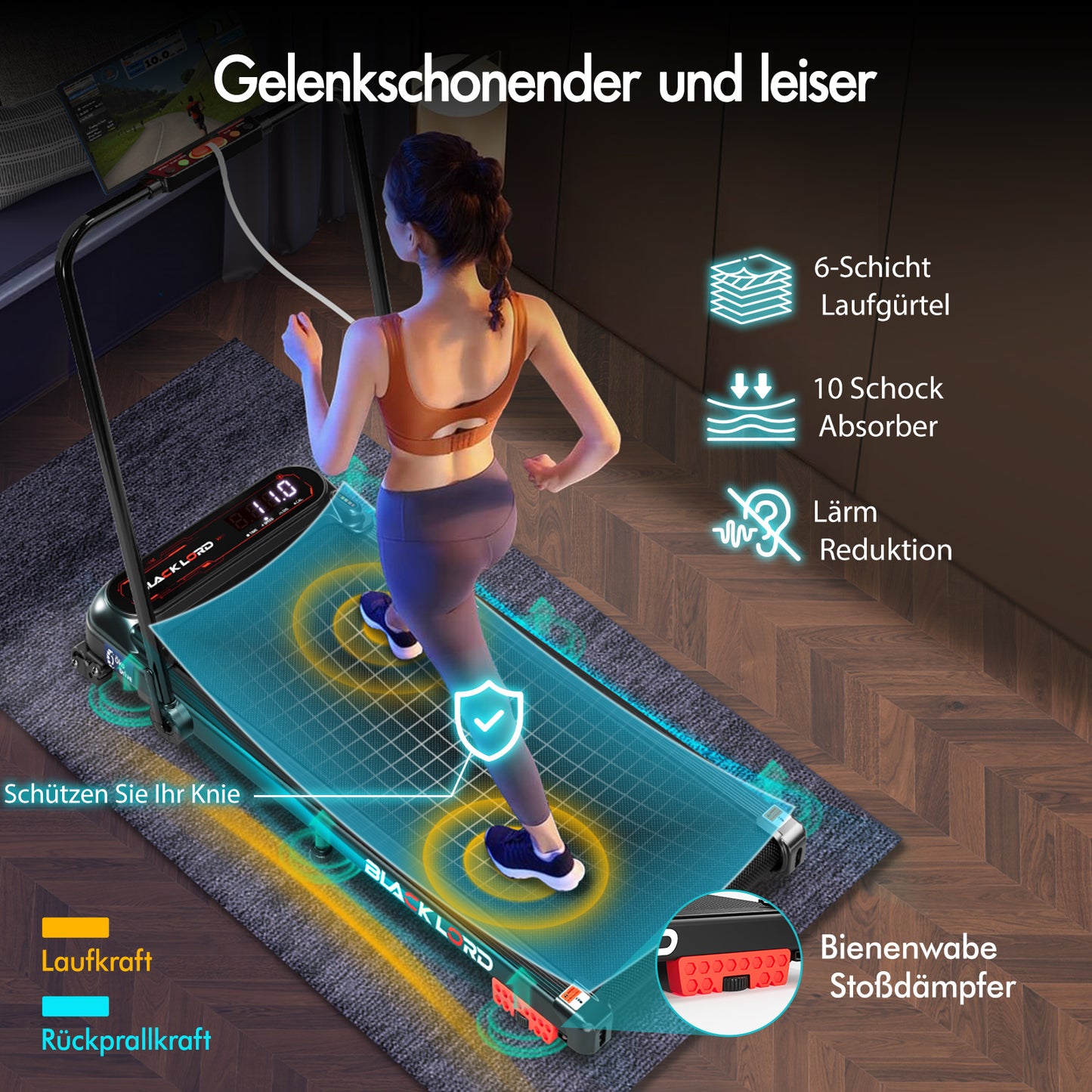 BLACK LORD Laufband Elektrisch Laufmatte  Neigung Stoßdämpfer Faltbar Schwarz