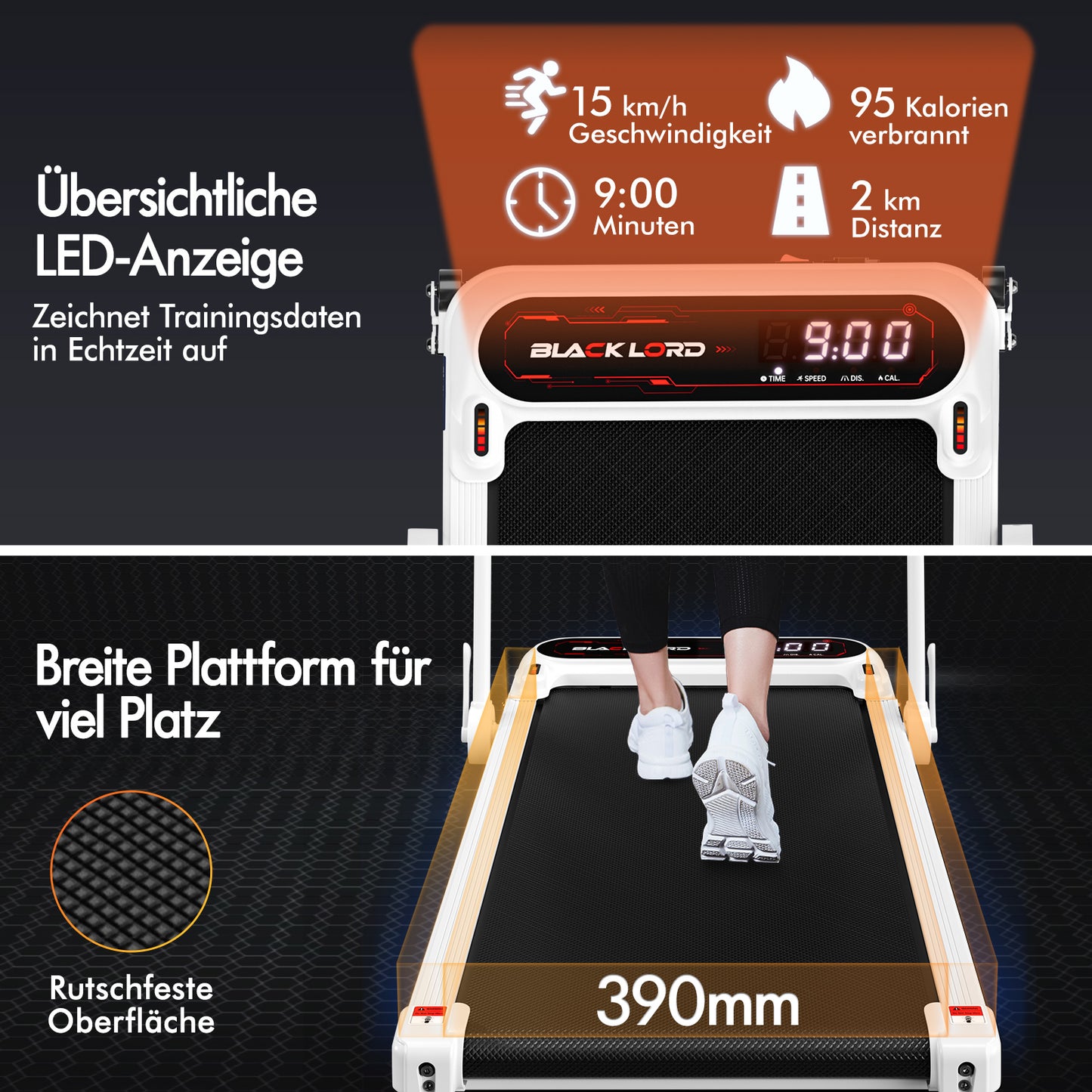 BLACK LORD Laufband Elektrisch Laufmatte  Neigung Stoßdämpfer Faltbar Weiß