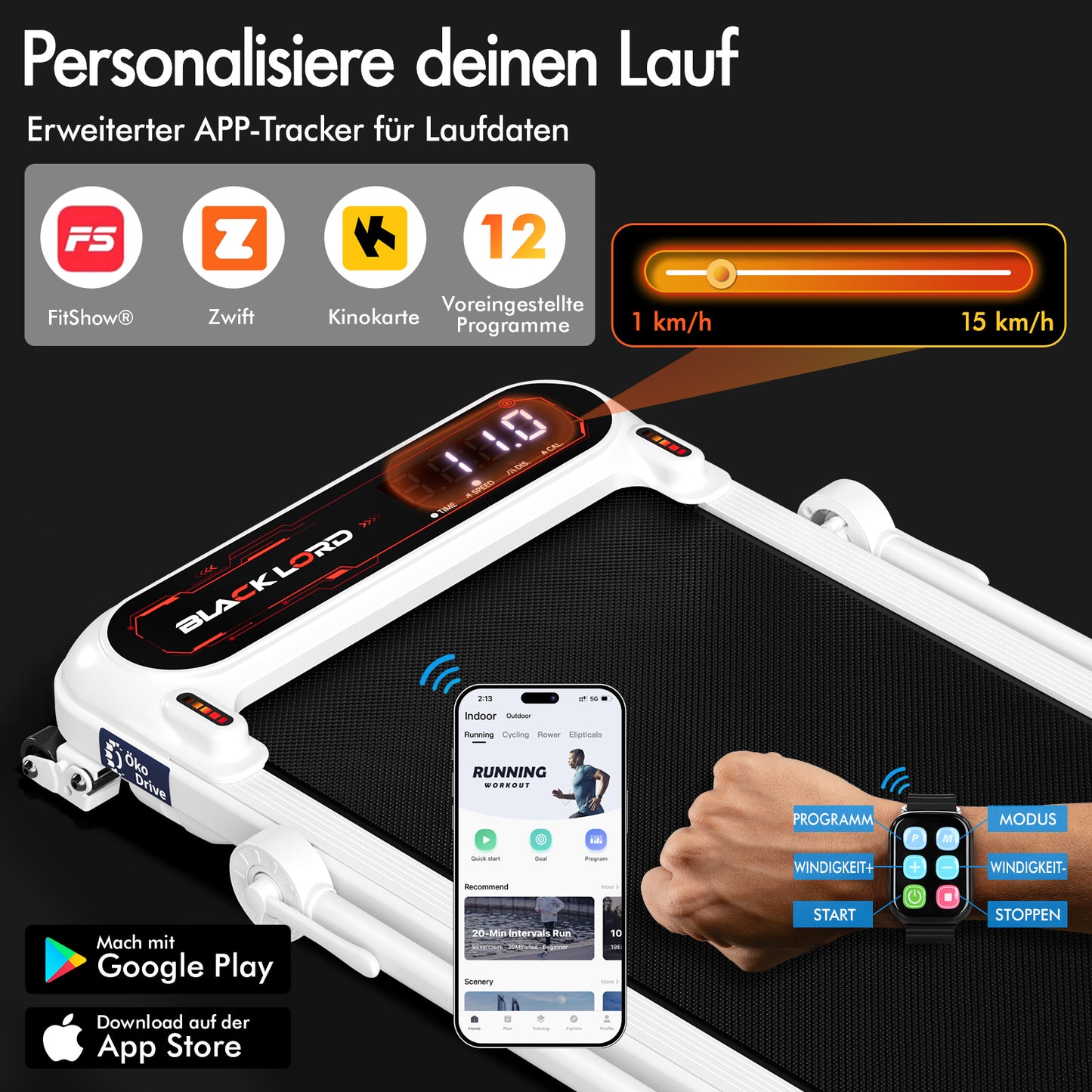 BLACK LORD Laufband Elektrisch Laufmatte  Neigung Stoßdämpfer Faltbar Weiß