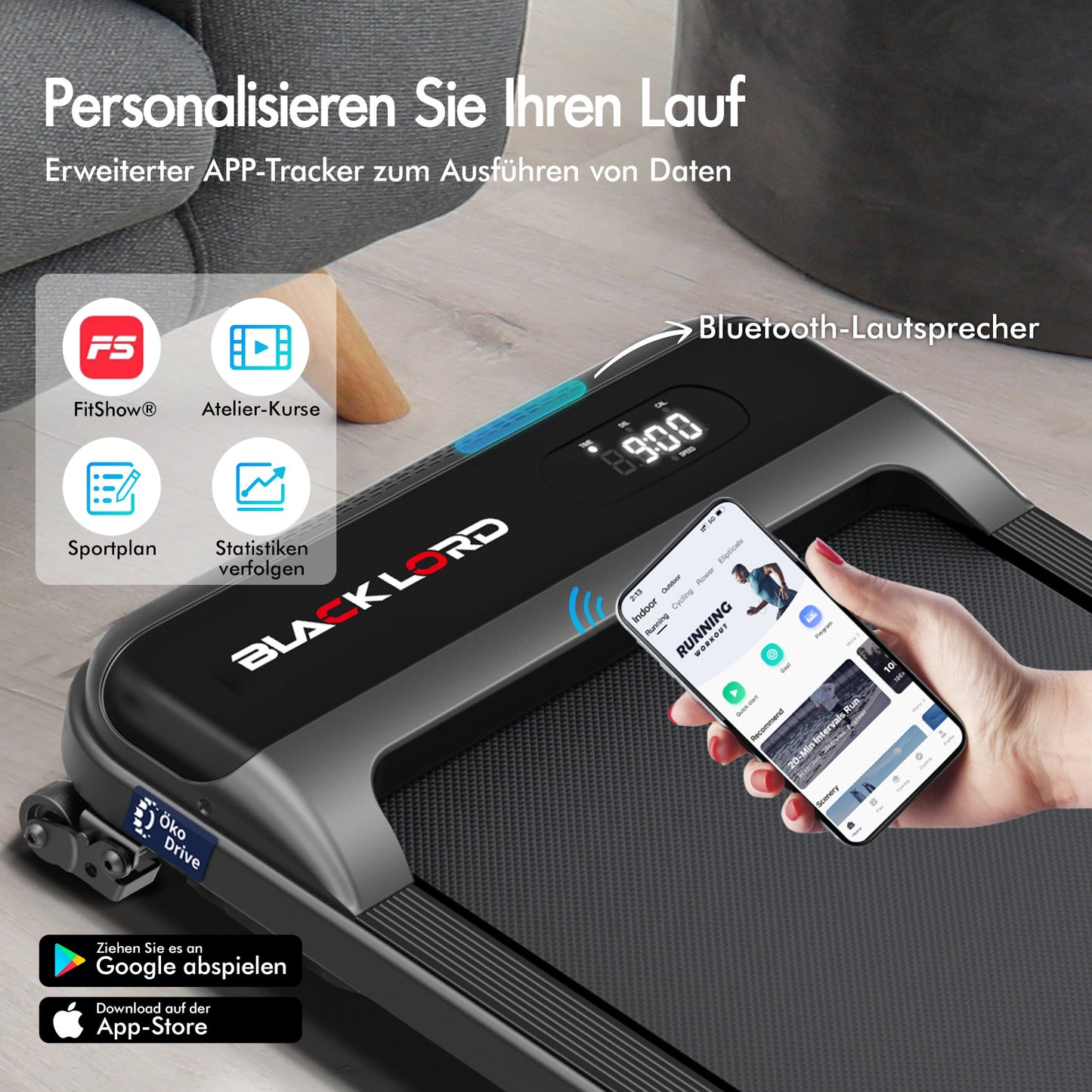 BLACK LORD Laufband Elektrisch Tretmühle  Zuhause Büro Fitnessstudio Steigung, Schwarz