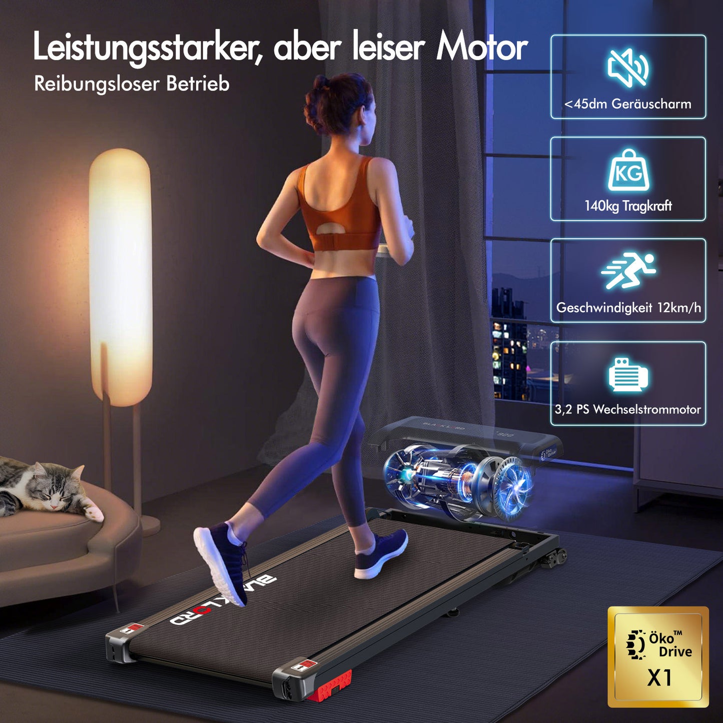 BLACK LORD Laufband Elektrisch Tretmühle  Zuhause Büro Fitnessstudio Steigung, Schwarz