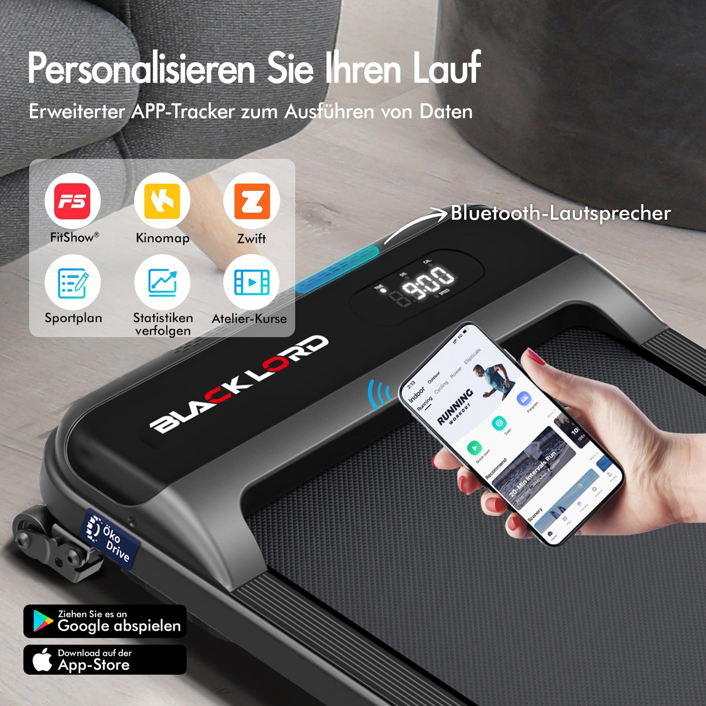 BLACK LORD Laufband Elektrisch Tretmühle  Zuhause Büro Fitnessstudio Steigung, Schwarz