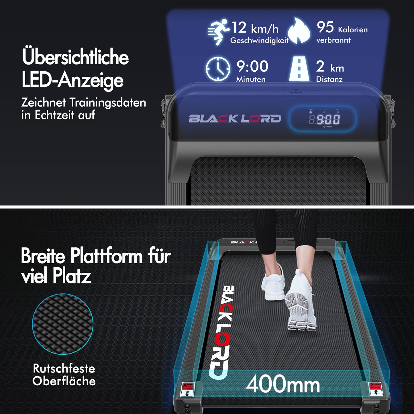 BLACK LORD Laufband Elektrisch Tretmühle  Zuhause Büro Fitnessstudio Steigung, Schwarz