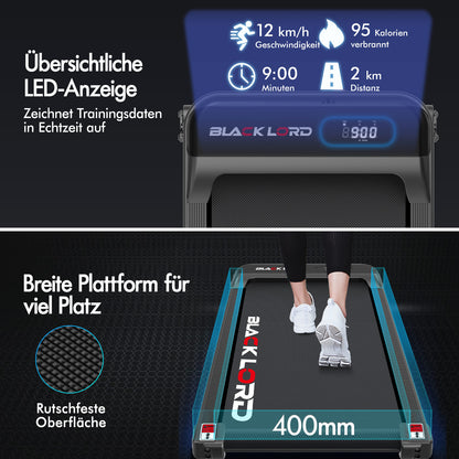 BLACK LORD Laufband Elektrisch Tretmühle  Zuhause Büro Fitnessstudio Steigung, Schwarz