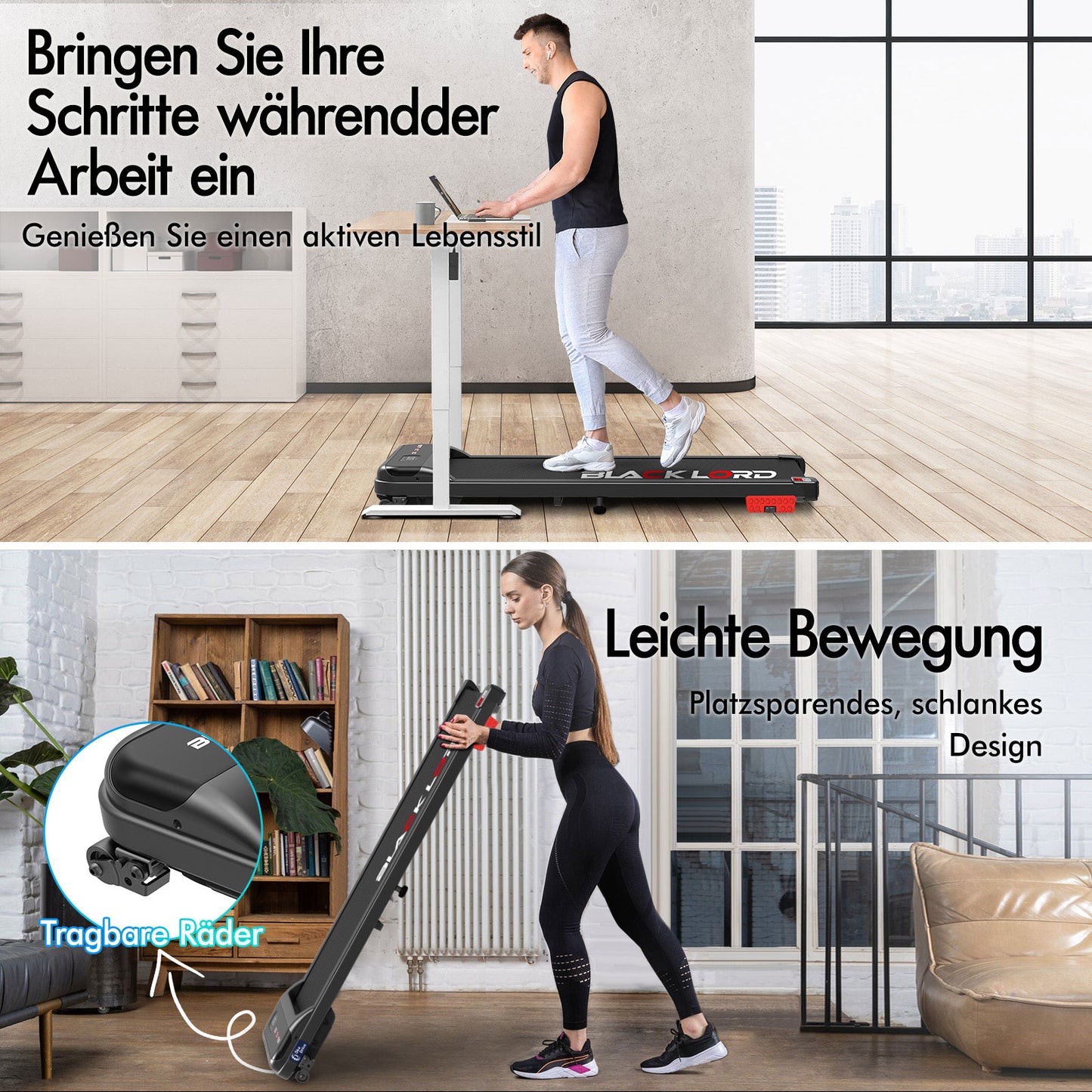 BLACK LORD Laufband Elektrisch Tretmühle  Zuhause Büro Fitnessstudio Steigung, Schwarz