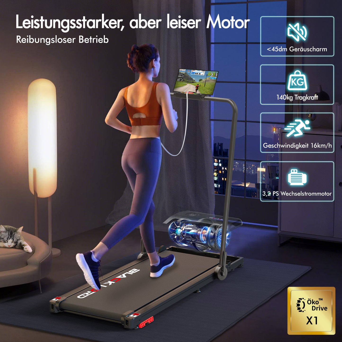 BLACK LORD Laufband Elektrisch Tretmühle Heim BüroNeigung Faltbar Schwarz