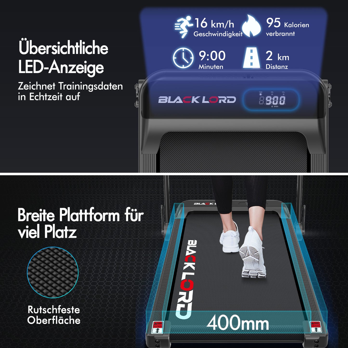 BLACK LORD Laufband Elektrisch Tretmühle Heim BüroNeigung Faltbar Schwarz