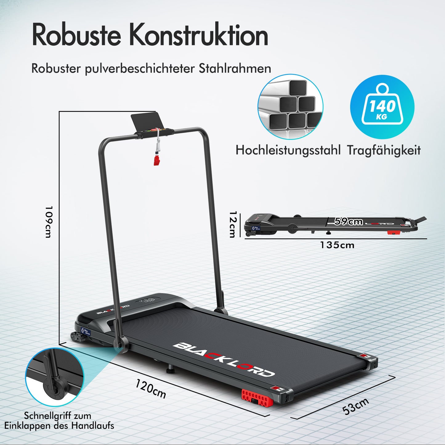 BLACK LORD Laufband Elektrisch Tretmühle Heim BüroNeigung Faltbar Schwarz