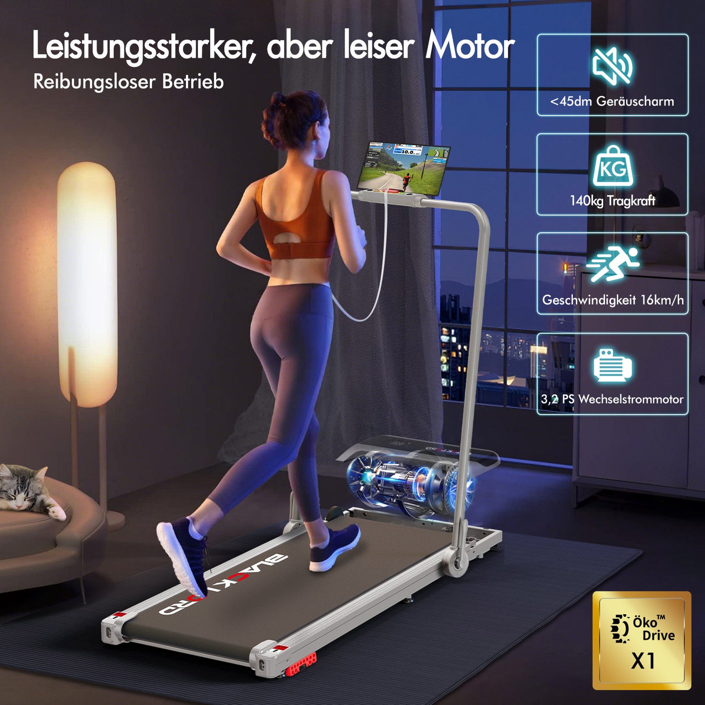 BLACK LORD Laufband Elektrisch Tretmühle Heim BüroNeigung Faltbar Silber