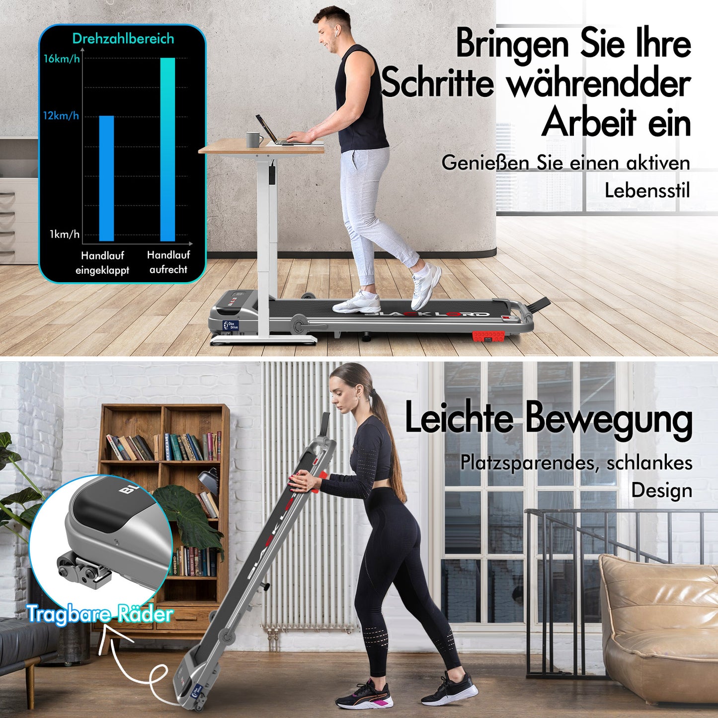 BLACK LORD Laufband Elektrisch Tretmühle Heim BüroNeigung Faltbar Silber