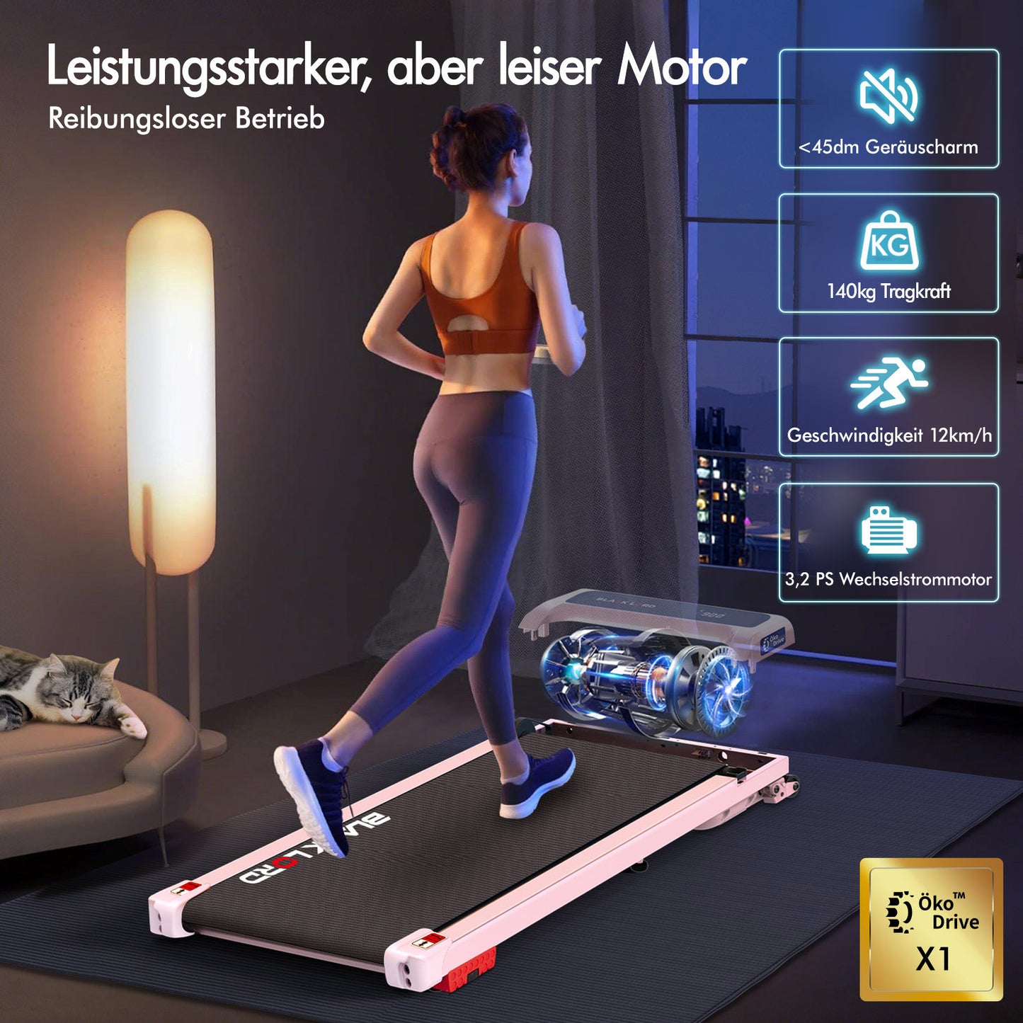 BLACK LORD Laufband Elektrisch Tretmühle  Zuhause Büro Fitnessstudio Steigung, Rosa