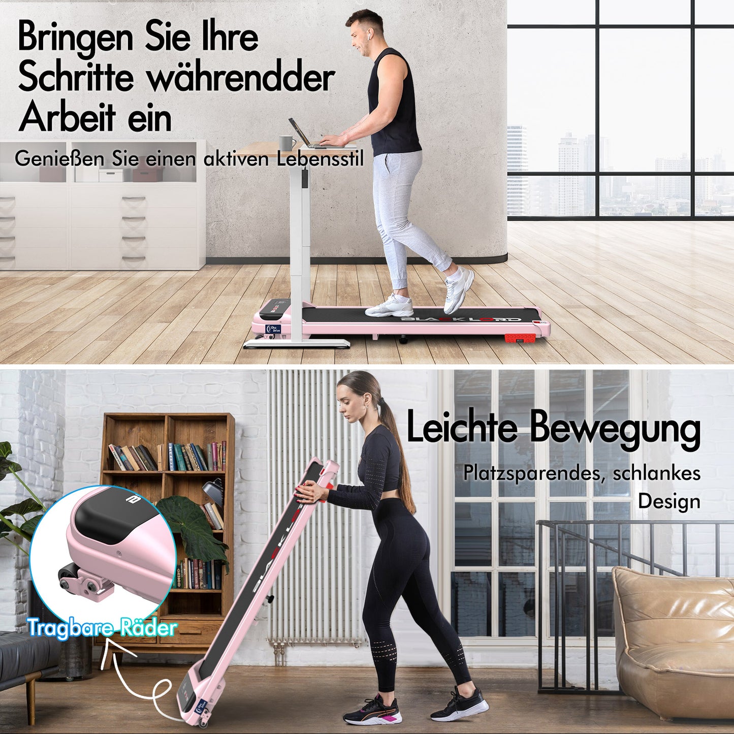 BLACK LORD Laufband Elektrisch Tretmühle  Zuhause Büro Fitnessstudio Steigung, Rosa