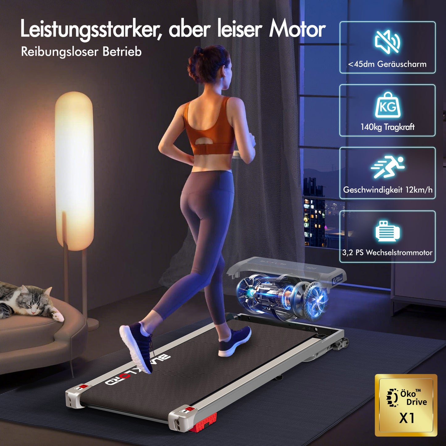 BLACK LORD Laufband Elektrisch Tretmühle  Zuhause Büro Fitnessstudio Steigung, Silber