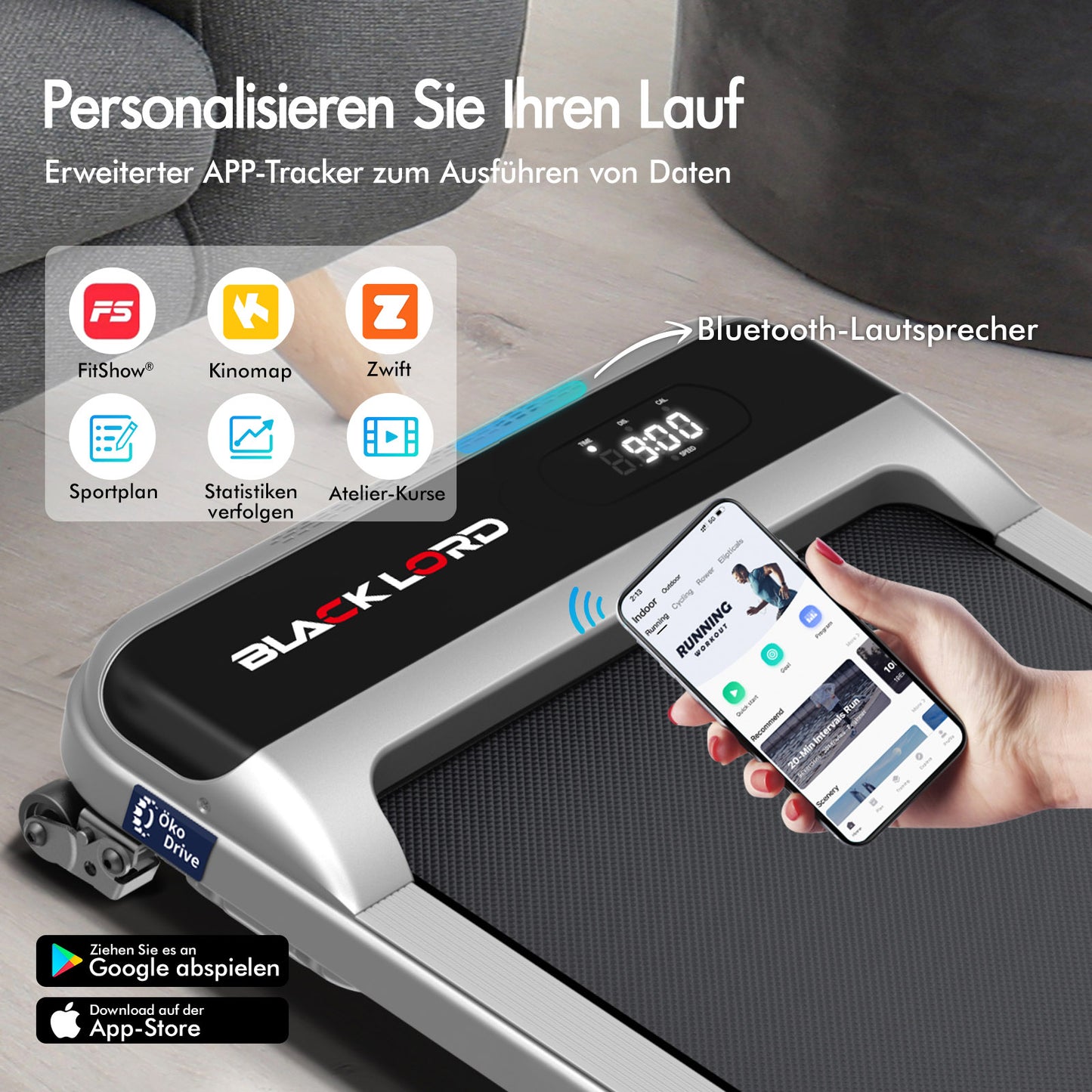 BLACK LORD Laufband Elektrisch Tretmühle  Zuhause Büro Fitnessstudio Steigung, Silber