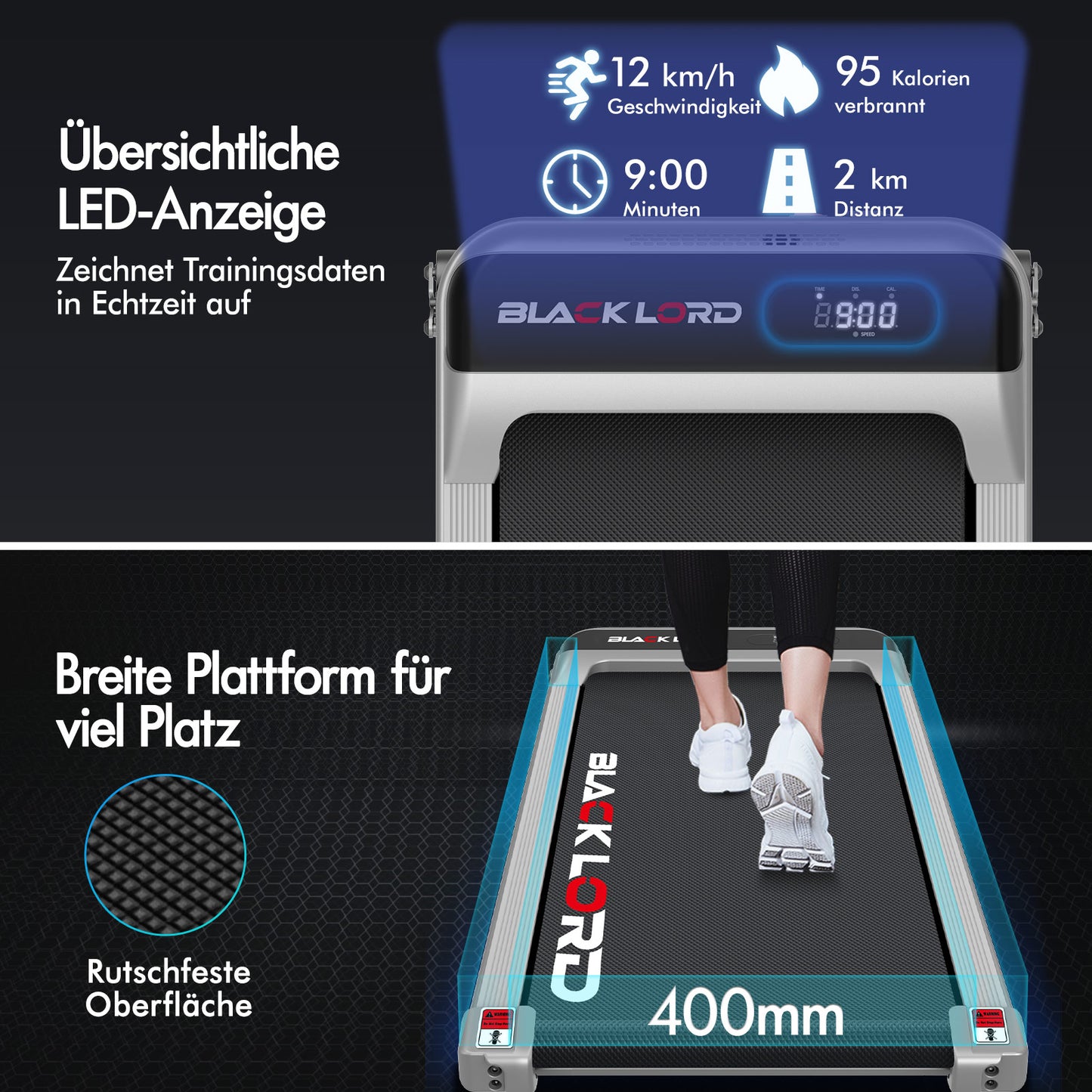 BLACK LORD Laufband Elektrisch Tretmühle  Zuhause Büro Fitnessstudio Steigung, Silber