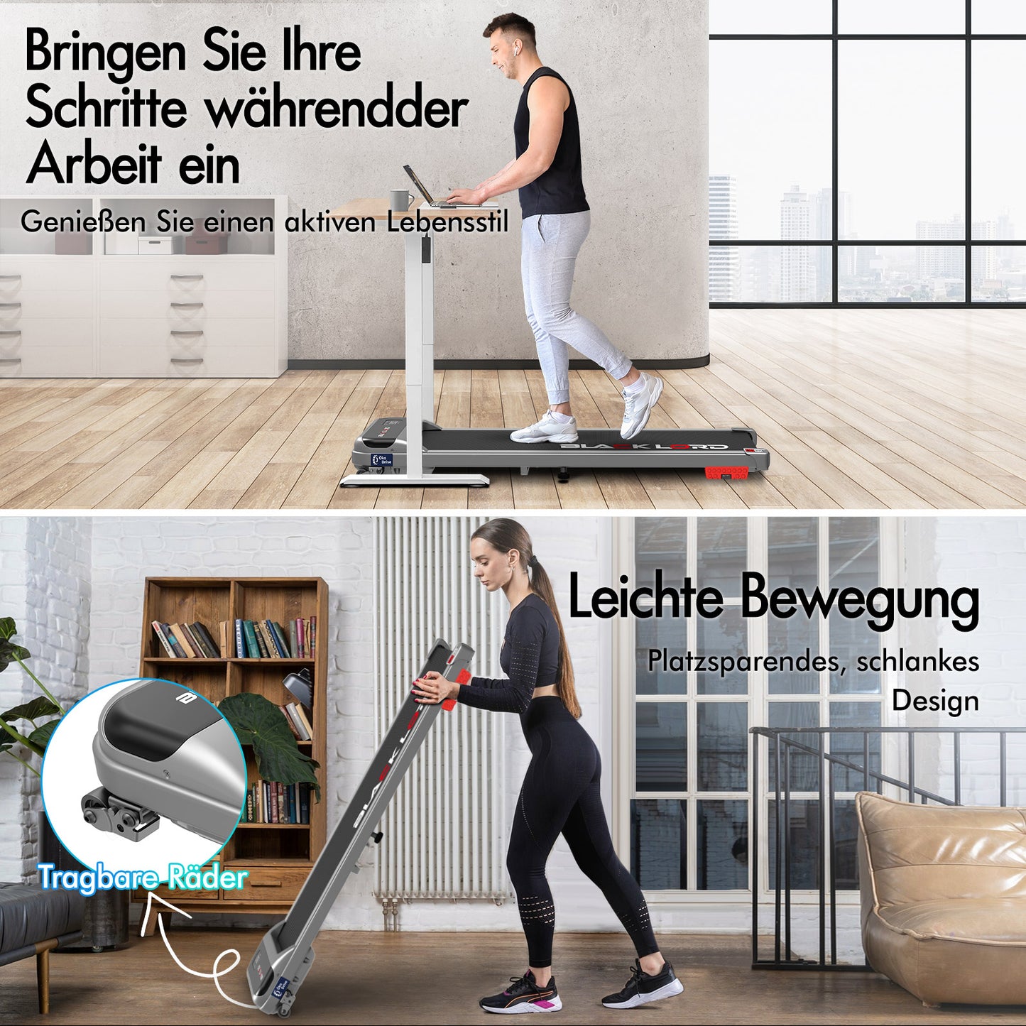 BLACK LORD Laufband Elektrisch Tretmühle  Zuhause Büro Fitnessstudio Steigung, Silber