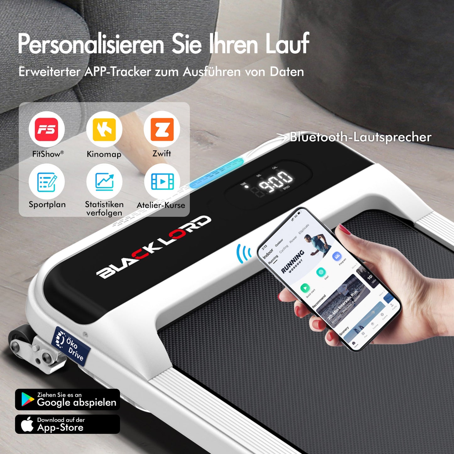 BLACK LORD Laufband Elektrisch Tretmühle  Zuhause Büro Fitnessstudio Steigung, Weiß