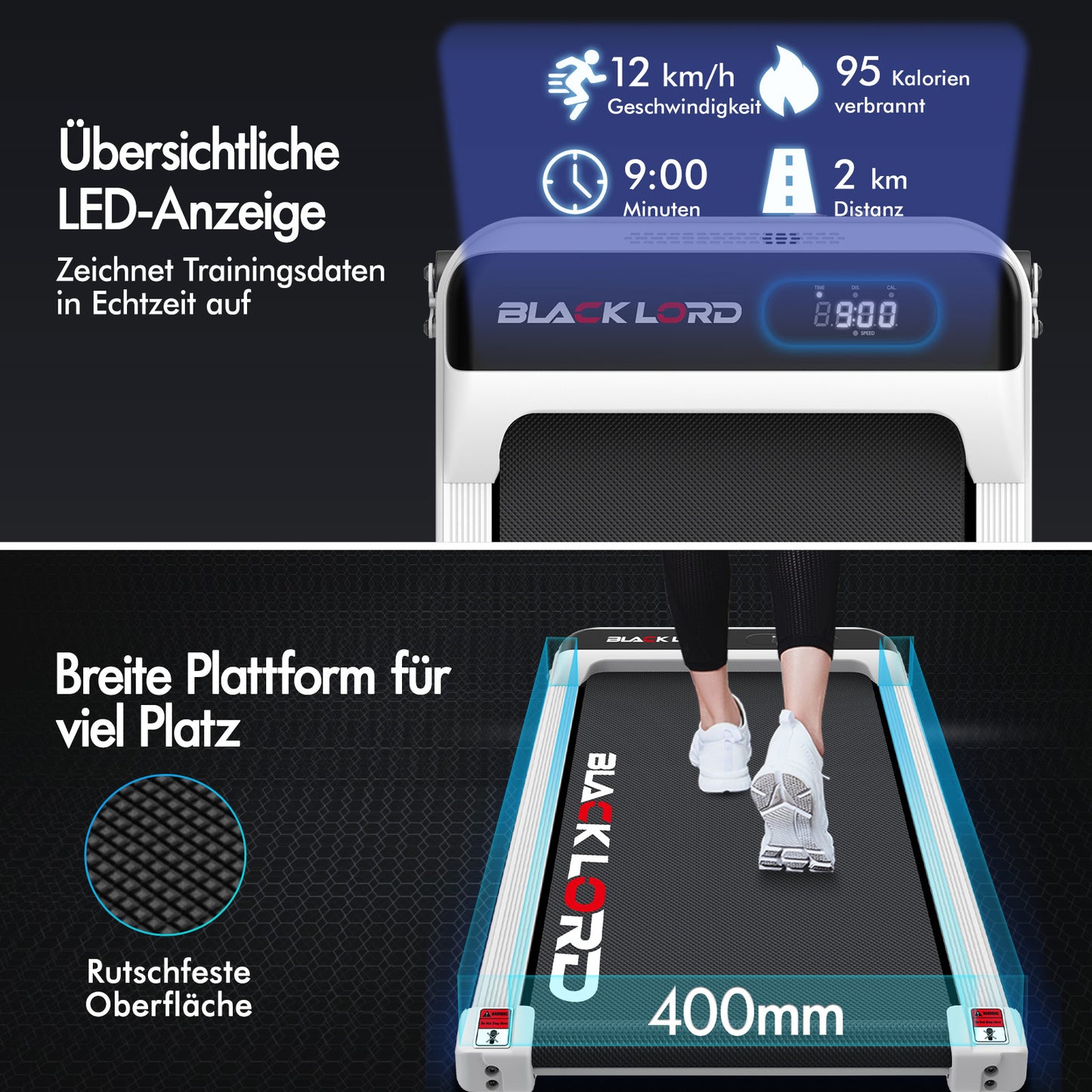 BLACK LORD Laufband Elektrisch Tretmühle  Zuhause Büro Fitnessstudio Steigung, Weiß