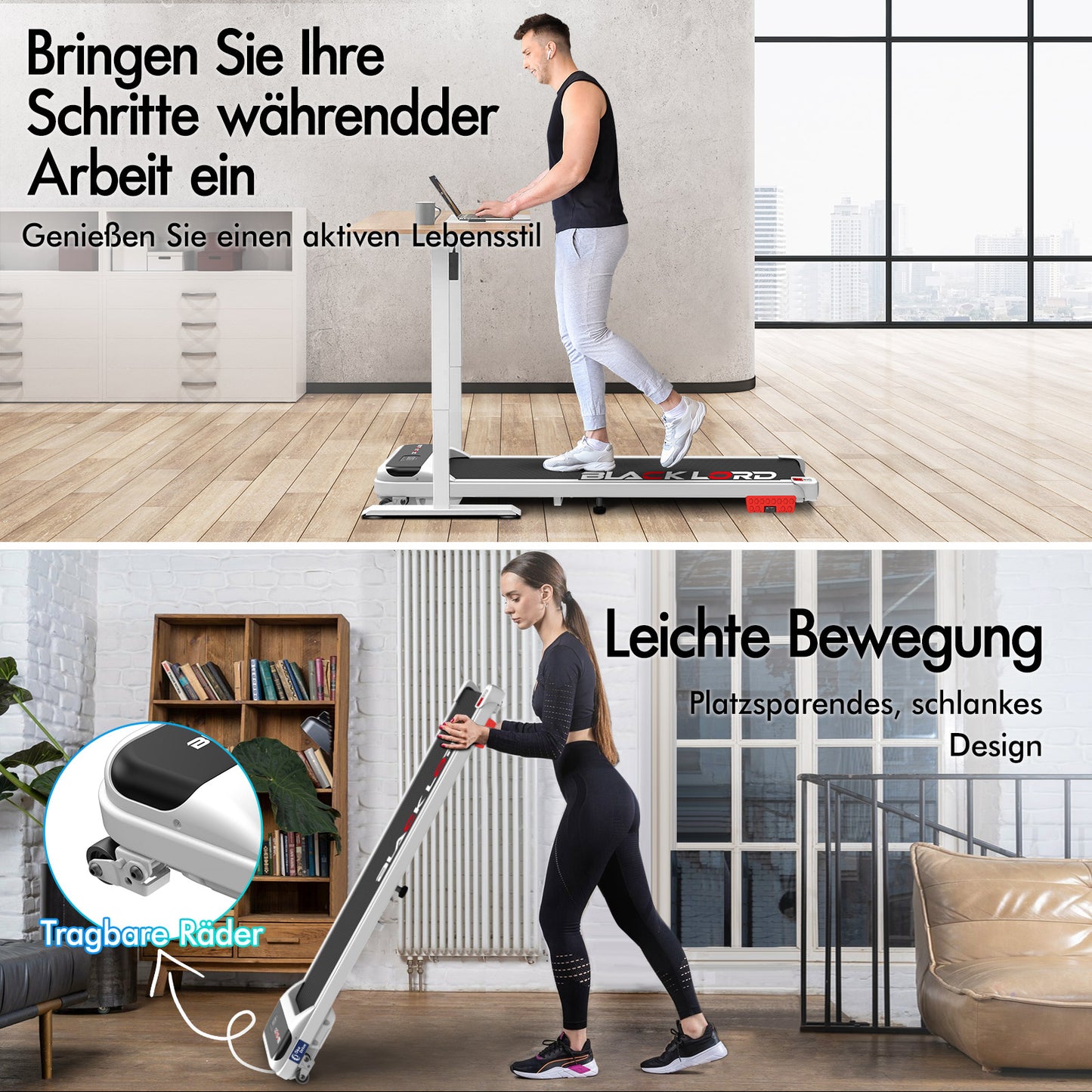 BLACK LORD Laufband Elektrisch Tretmühle  Zuhause Büro Fitnessstudio Steigung, Weiß